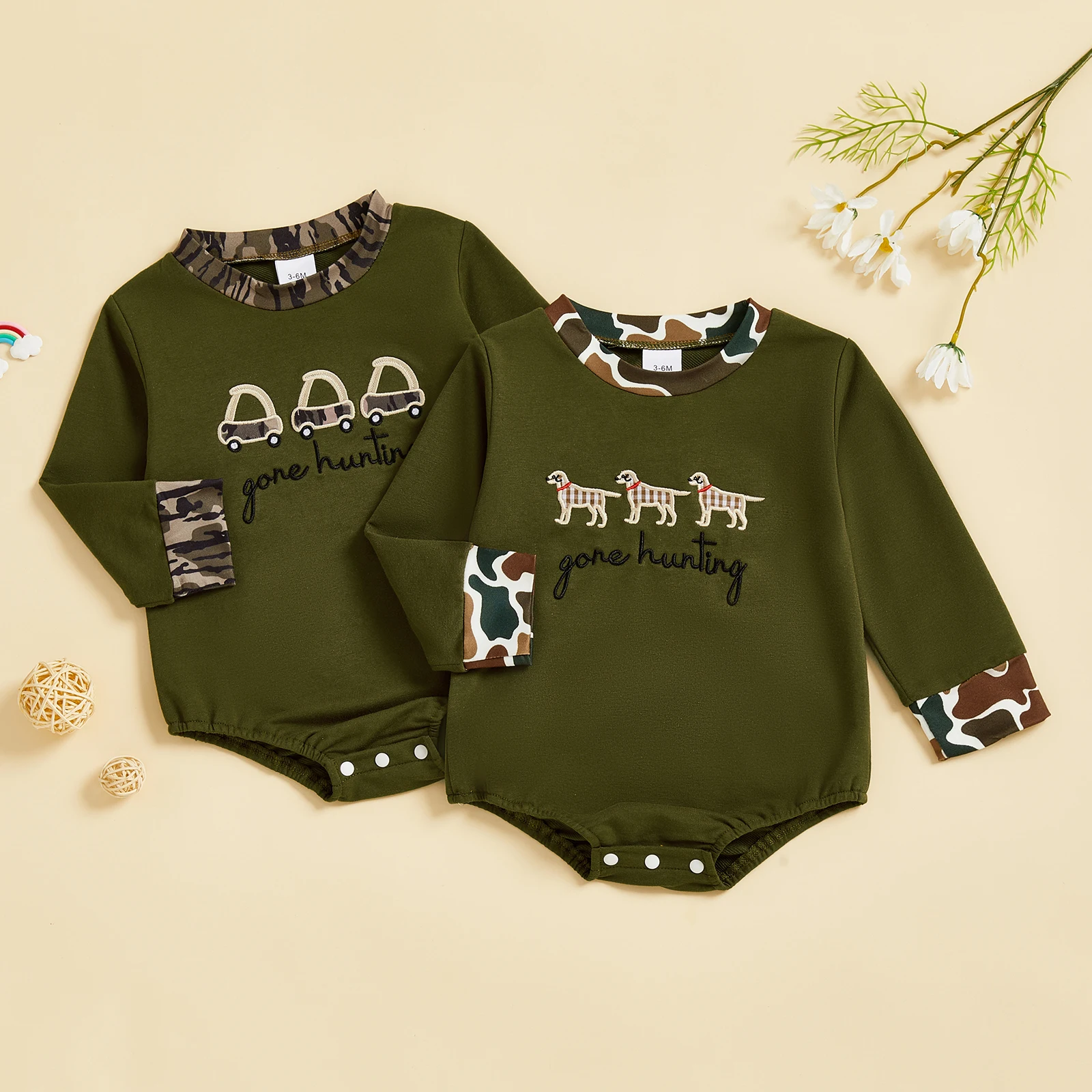 FOCUSNORM 0-18M bebé niños otoño mameluco coche/perro bordado estampado de camuflaje mono de manga larga traje lindo