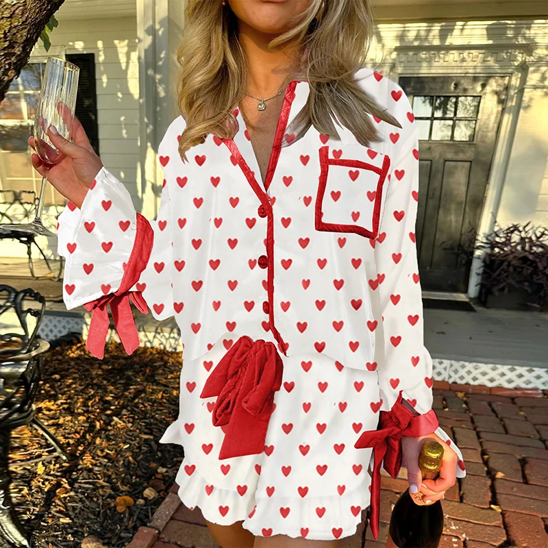 

Women Valentine's Day Silk Pajamas Set Bow Pjs Long Sleeve Button Down Shirt Shorts Heart Lounge Set Sleepwear
