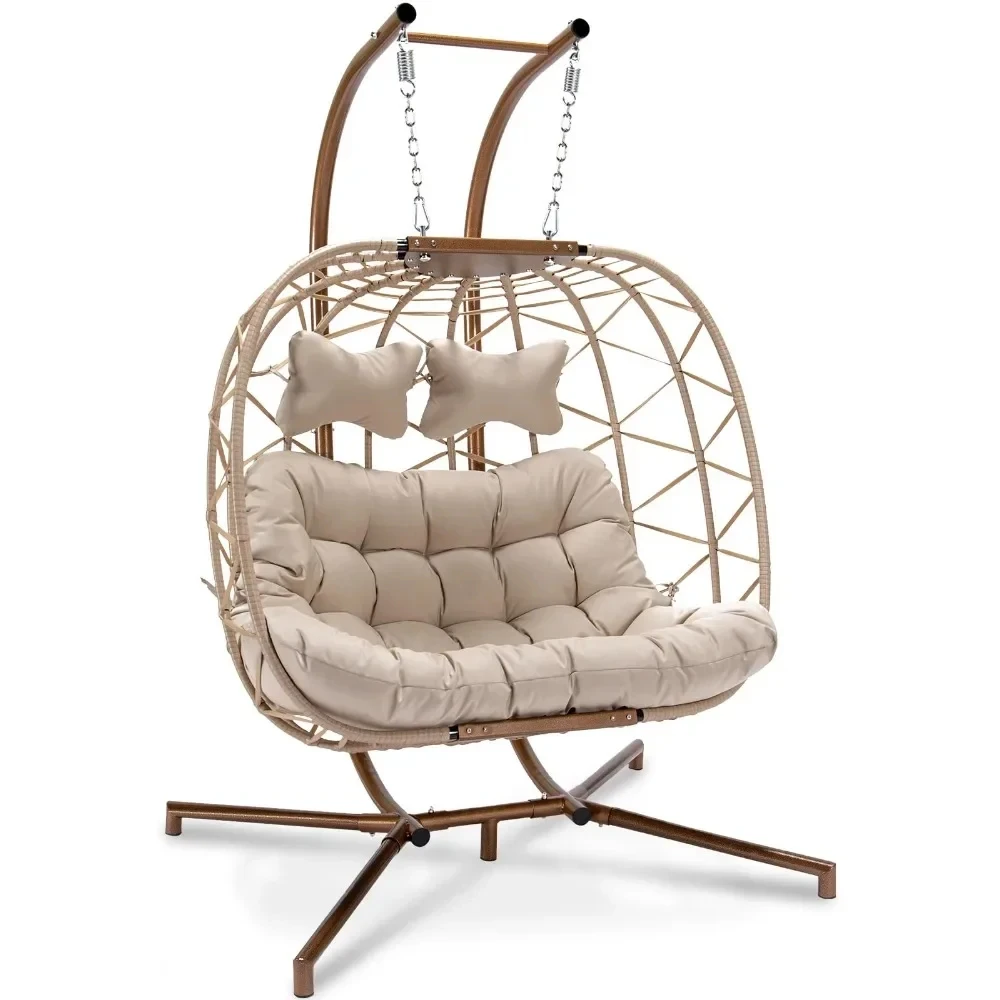 2 Person Wicker Swing Double Egg Chair with Stand, Rattan Wicker Hanging Egg Chair Hammock Chair with Cushion and Pillow