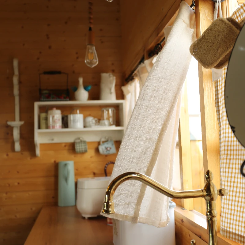 

Cotton and Linen Wooden Fiber Yarn Curtain Half Curtain with Openwork Retro No-drill Door Curtain