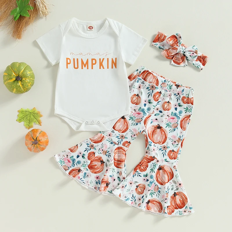 

VISgogo Infant Baby Girls Halloween Clothes Letter Print Short Sleeves Romper and Pumpkin Print Flare Pants Headband Outfit