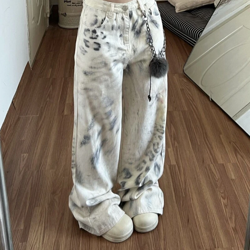 Spicy Girl Retro Leopard Print Tie Dye Jeans New Straight Leg Loose High Waist Wide Leg Casual Pants Mop