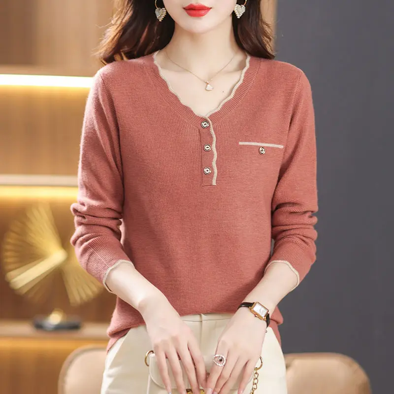 New Autumn and Winter Women Korean Fashion Elegant Knitted Sweater Female V-neck Slim Solid Long Sleeve Knitwear Pullover Jumper