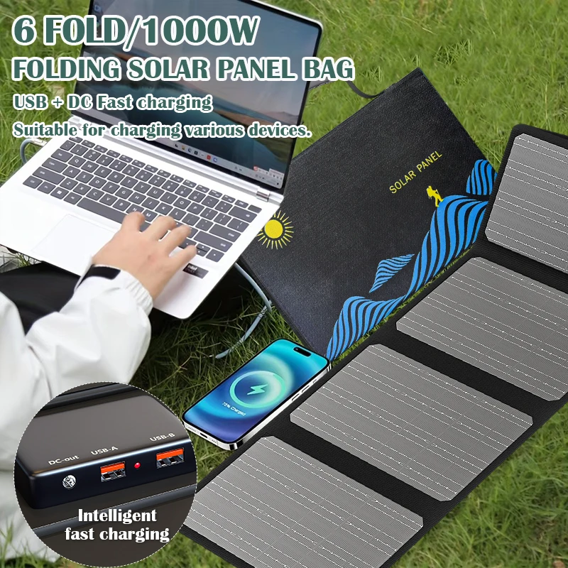1000W, składany panel słoneczny w formie torby, z możliwością składania w 6 części, z wyjściem DC i USB, do ładowania telefonów i power banków, idealny na kemping, wędrówki i podróże.