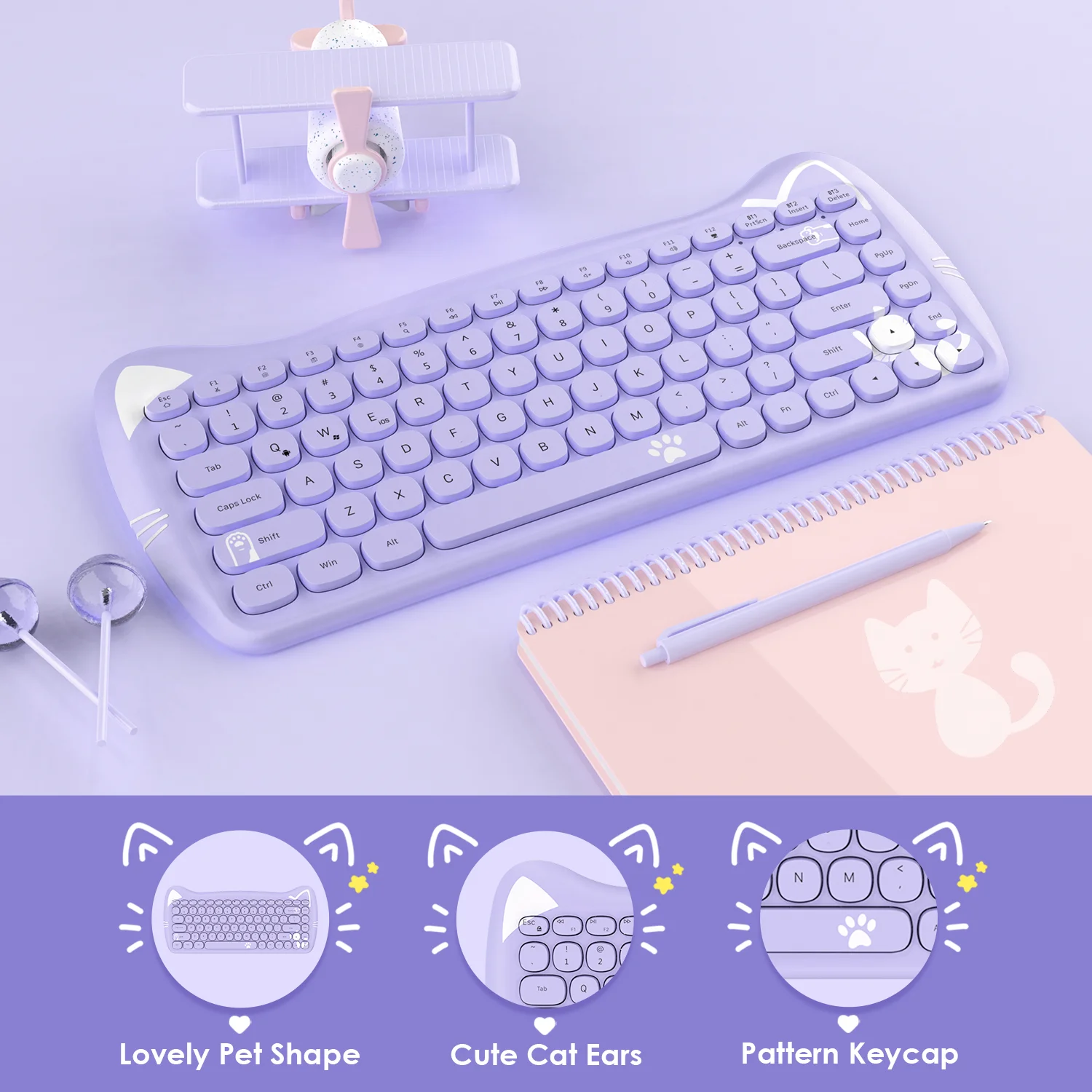 3060i لوحة مفاتيح كمبيوتر لاسلكية لطيفة 80% في المئة لوحة مفاتيح بلوتوث جميلة على شكل قطة ريترو صامتة ونحيفة مع آلة كاتبة مستديرة غير لامعة