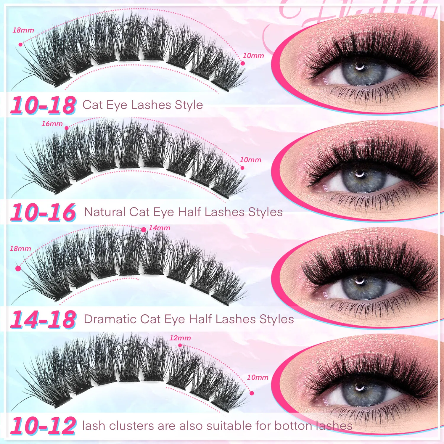 Individual Eyelash Extensions in C D Curl Clusters, Long and Extra Thick, Voluminous Style for DIY eyelash Extension