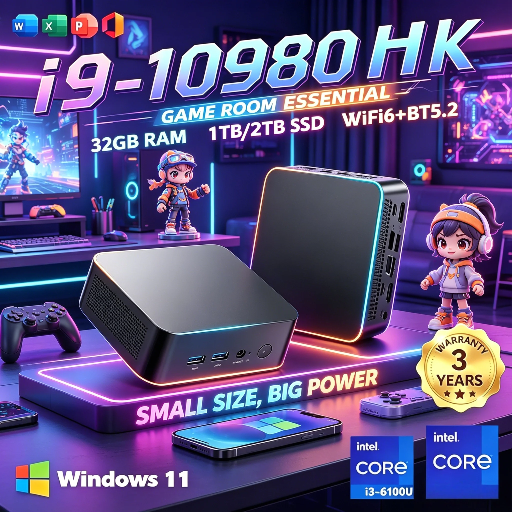 Laptop Household Business All In One Mini PC I9 10980HK Pocket Design WiFi 6 BT5.2 32GB RAM 4K Resolution Desktop Computer