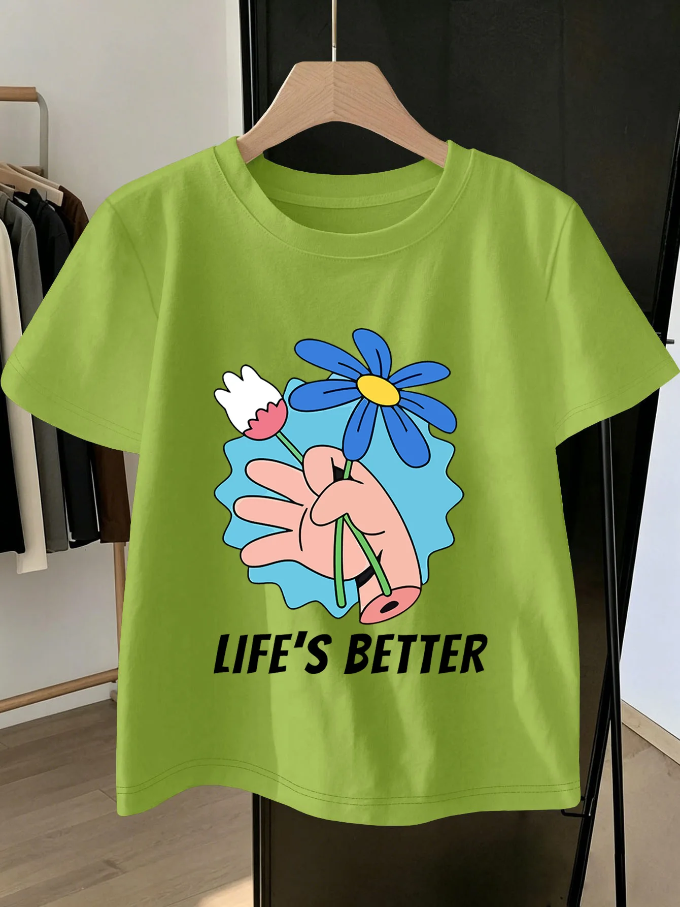 Cute Life Is Better Flower Print Graphic Kids Tee Boys Girls Family Matching Cotton Crew Neck Short Sleeve Soft Summer Tee