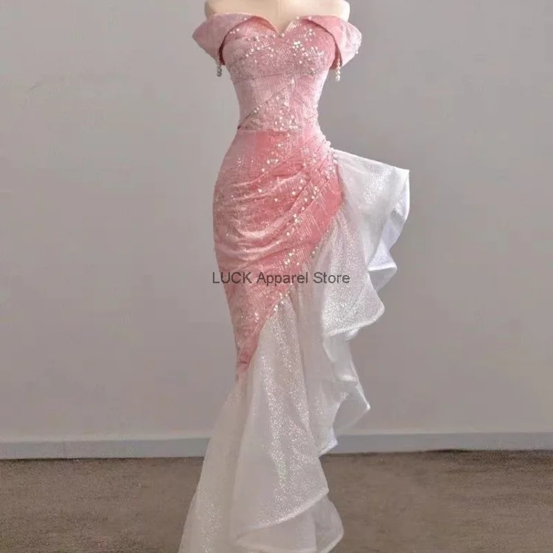 Host Evening Dress High End Light Luxury Small Crowd Party Sexy One Shoulder Annual Party Bridal Toast Dress Pink