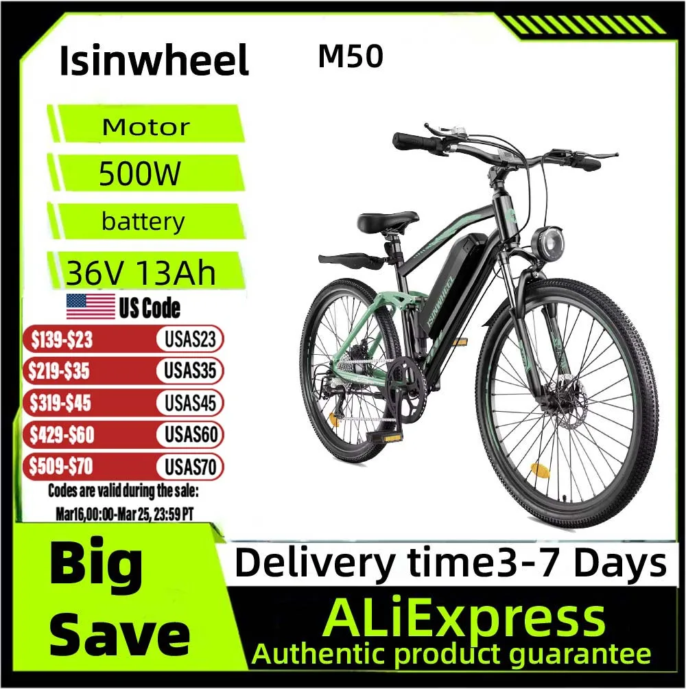 

Isinwheel M50 Dual suspension E-bike For Adult 36V 13Ah Battery 500W Motor 27.5 Inch Tires City Electric bicycle