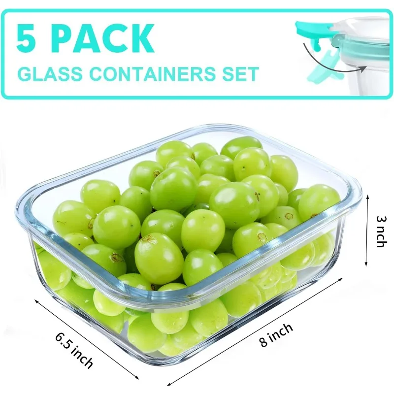 5 Packs 36 Oz Glass Premealtime Container, Airtight Glass Lunch Container Set, Glass Food Storage Container with Lid, BPA-free