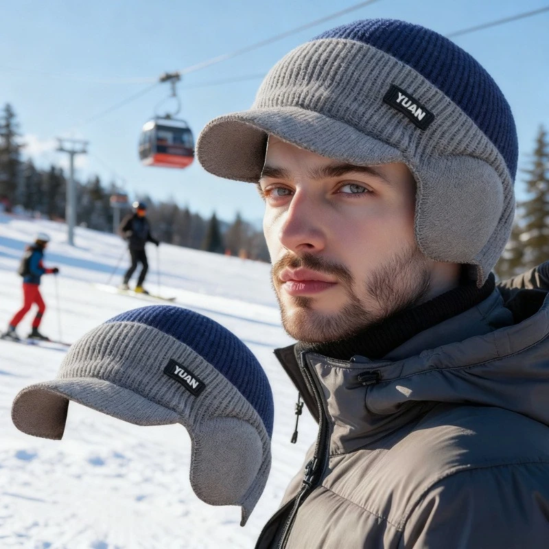 Winter Warm Dual Tone Knit Baseball Cap Outdoor Activities Fashionable Dad Hat with Ear Protection Perfect Hats for Men Skiing