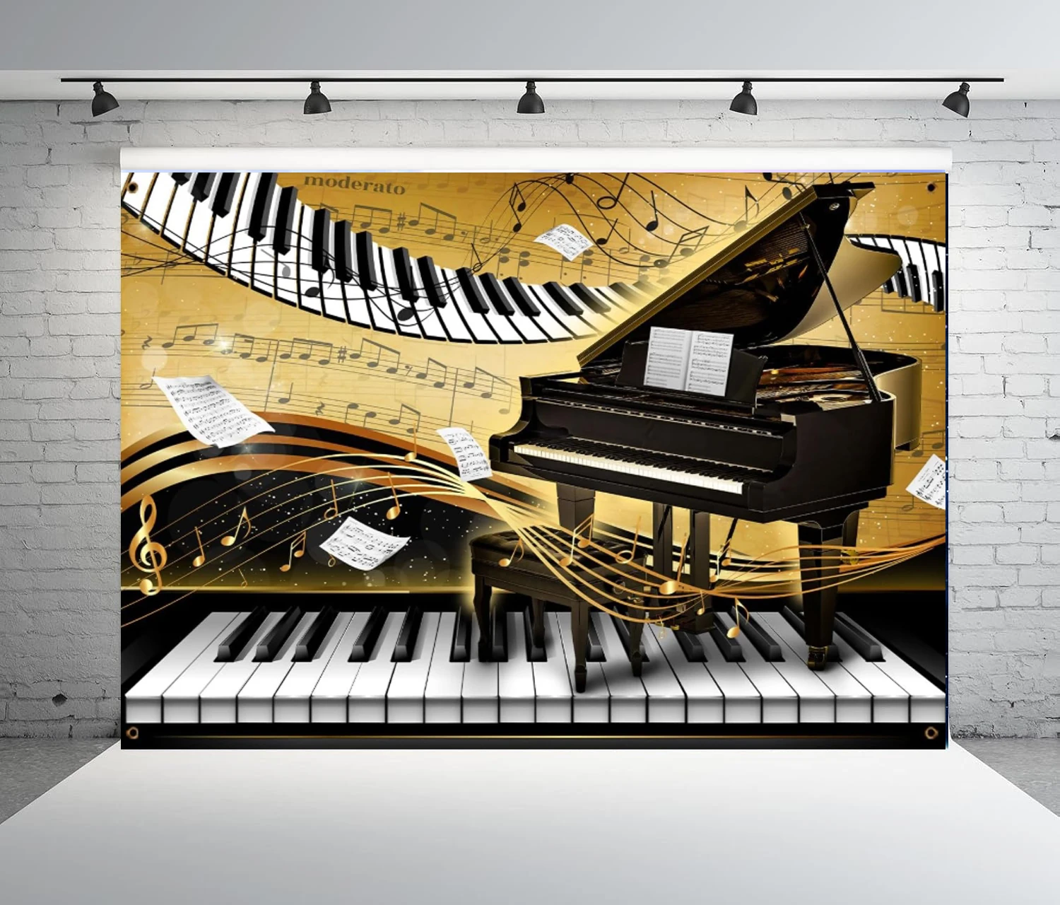 Piano Music Photography Backdrop Golden Musical Notes Piano Keyboard Photo Background Music Theme Birthday Party Decor Banner