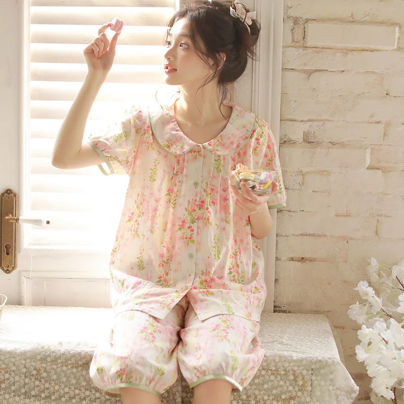 

Summer Pajamas Women's Sweet Flower Printing Knee Length 2pcs Pure Cotton Pajamas Women's Loose Cotton Yarn Loungewear Set