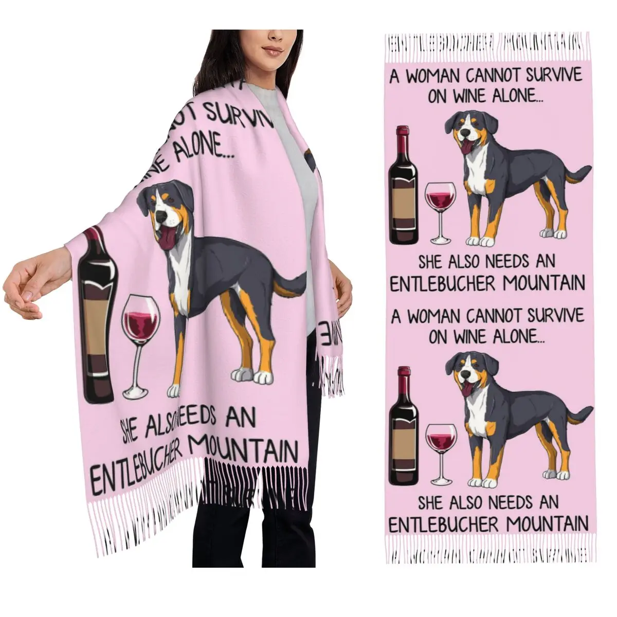 

Entlebucher Mountain Dog And Wine Забавный подарок для собаки, мамы, шарфы с кисточками для женщин, шали и накидки, длинная осенне-зимняя шаль, накидка