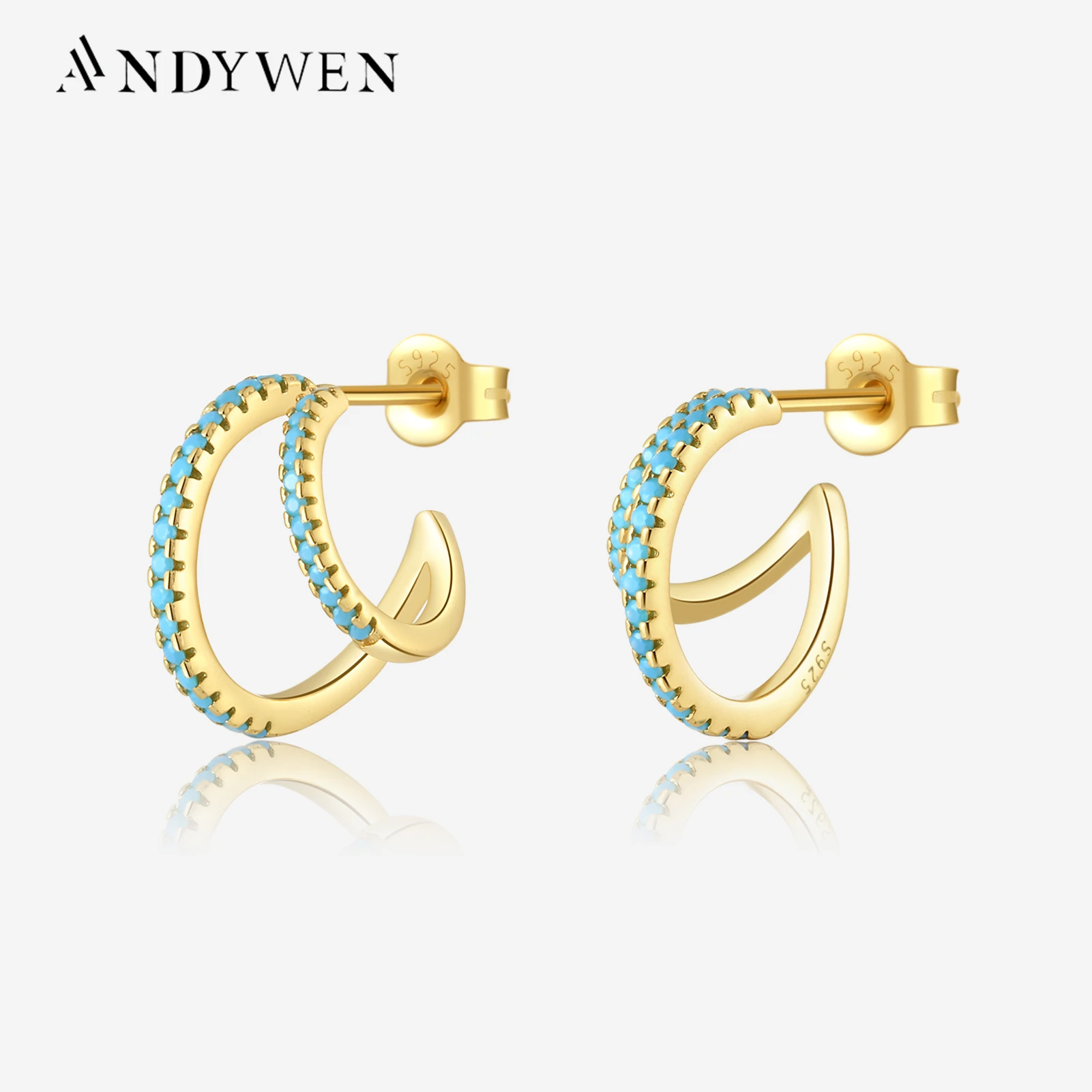 

ANDYWEN 925 Sterling Silver Two Circle Piercing Hoop Luxury Women Fine Turquoise Luxury Pendiente Jewels Spring Collection
