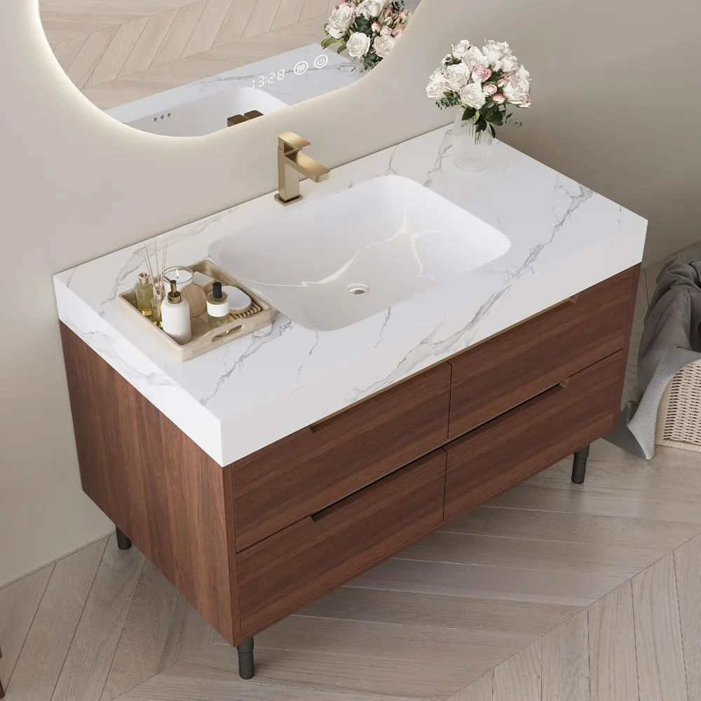 2-in-1 schwebender Badezimmer-Waschtisch mit Waschbecken-Kombination, 35,4'' wandmontierter Badezimmer-Waschtischschrank mit Keramikwaschbecken, 4 Schubladen