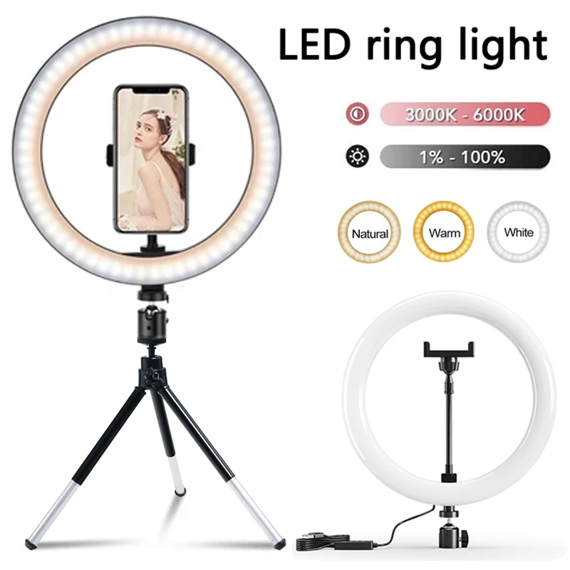 10inch LED Ring Light With Tripod Stand USB Charge 33cm Selfie Led Lamp Dimmable Photography Light For Photo Photography Studio