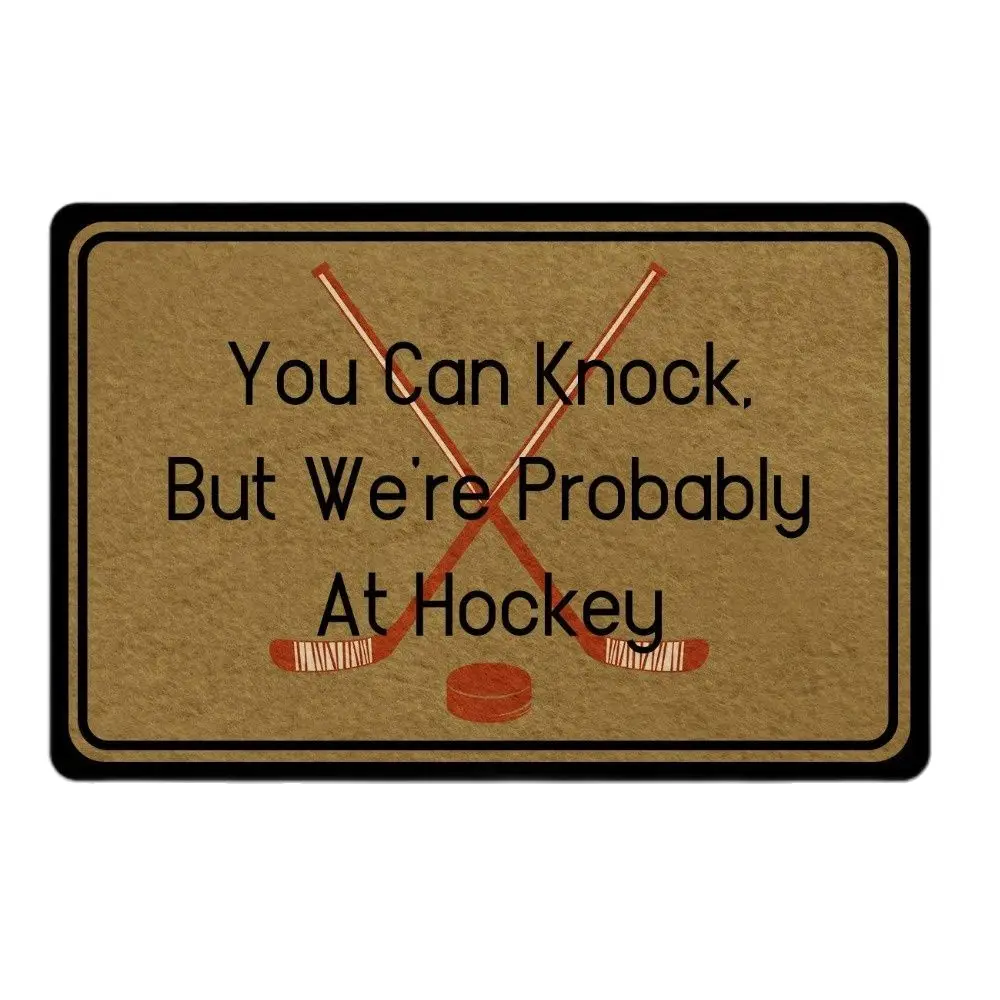 

You Can Knock, But We're Probably At Hockey Doormat Outdoor Porch Patio Front Floor Christmas Holiday Rug Decor Home Door Mat