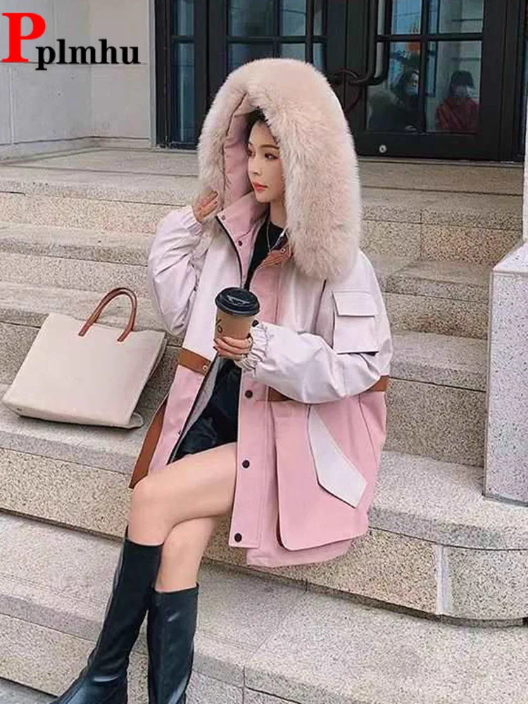 

Splicing Hooded Contrasting Color Overcoat Thick Velvet Baggy Women's Casual Jacket Fashion Loose Korean Zipper Warm Chaquetas