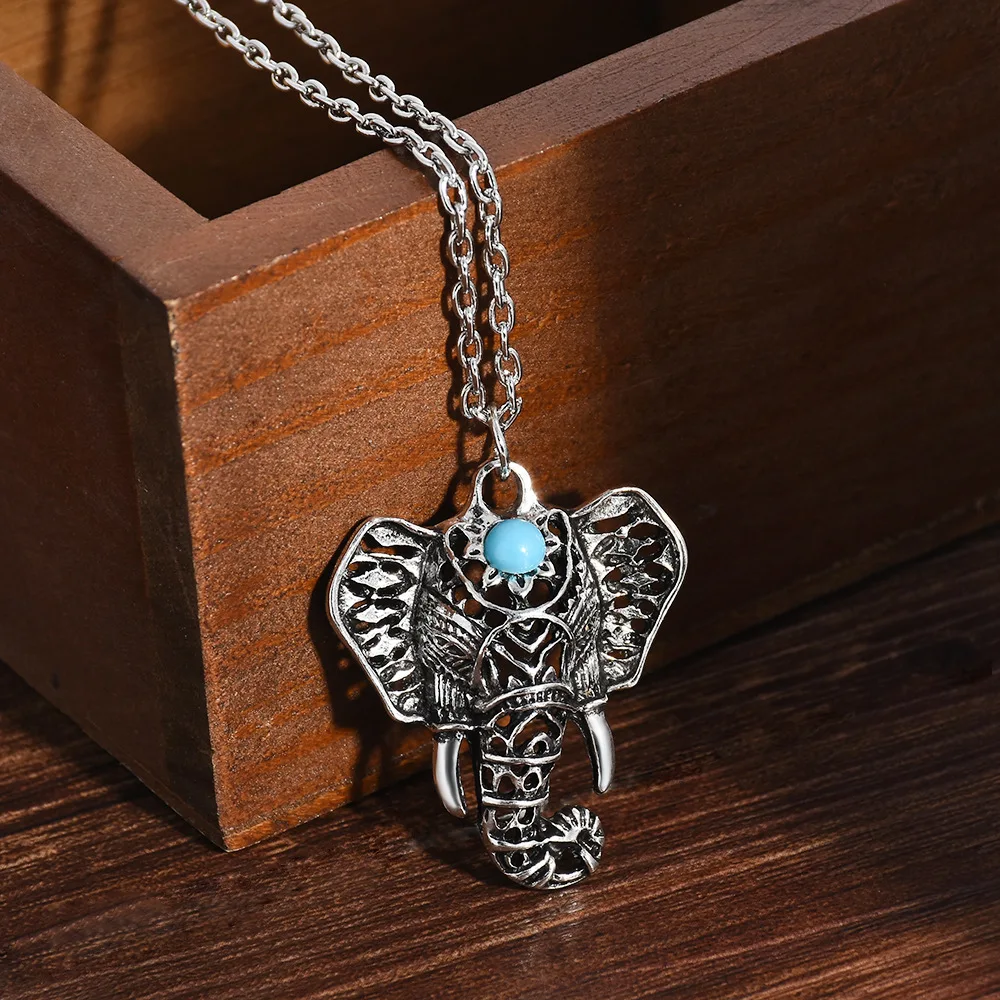 DIY accessories European and American retro ethnic style hollow ancient silver elephant pendant necklace, bohemian men's and wom