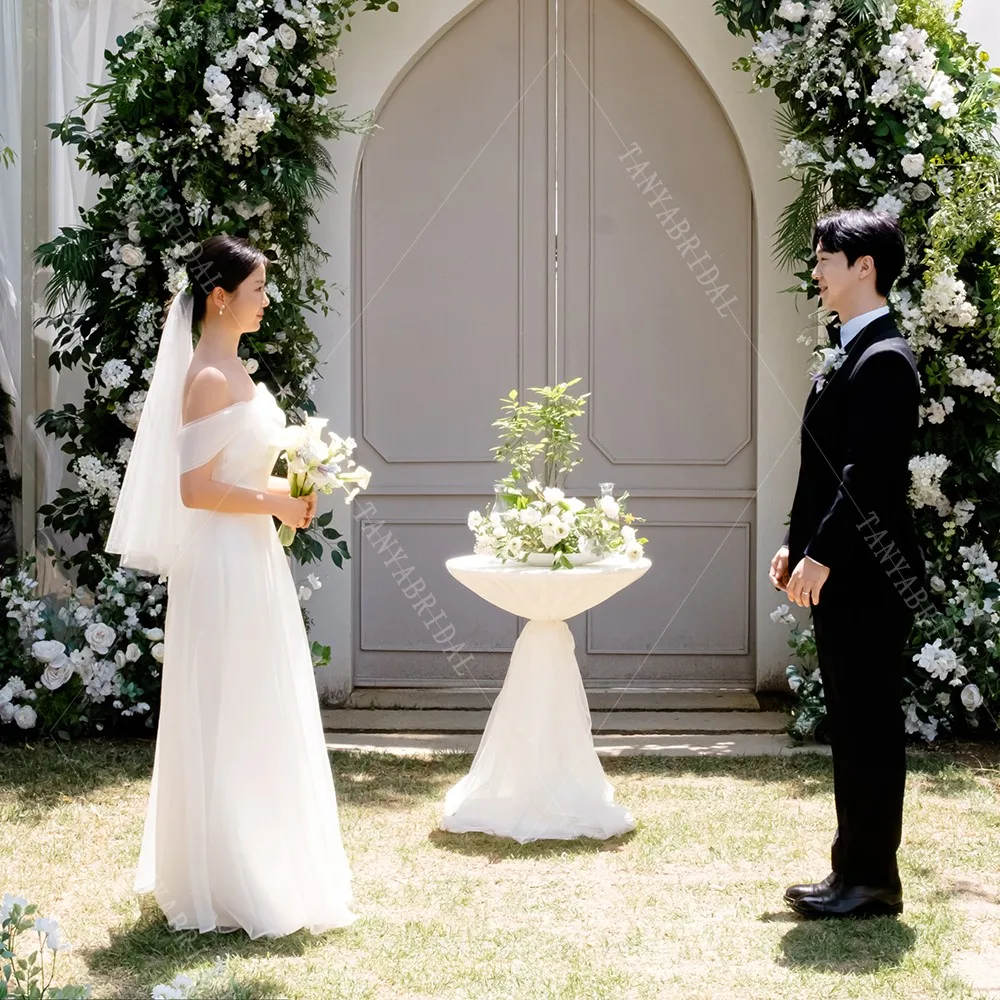 Vestido de novia de satén de Organza con cuello Barco, elegante vestido de novia de jardín al aire libre, línea A, largo hasta el suelo, con cordones en la espalda