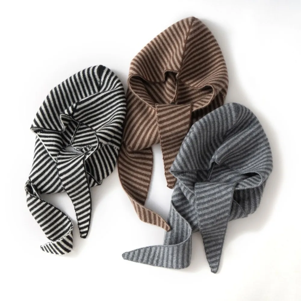 Women Striped Personalized Retro Striped 100% Cashmere Knitted Hood Hat Women Tie Band Ear Cover Soft Warm Outdoor Head Cap