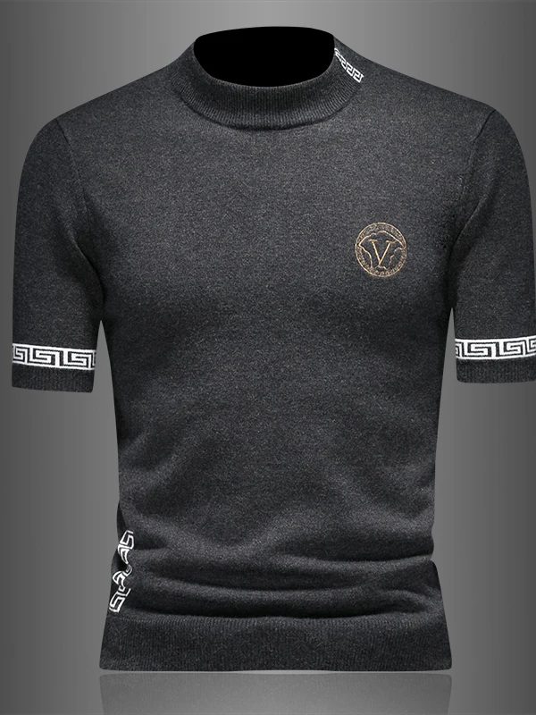 

Мужской повседневный вязаный шерстяной свитер с вышивкой, высоким воротником и коротким рукавом, теплый базовый слой, осень-зима, новинка