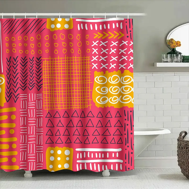 

Яркая геометрическая занавеска для душа, уникальный современный декор для ванной комнаты с розовым, желтым, черным дизайном, полиэфирной ткани для водонепроницаемой ванны