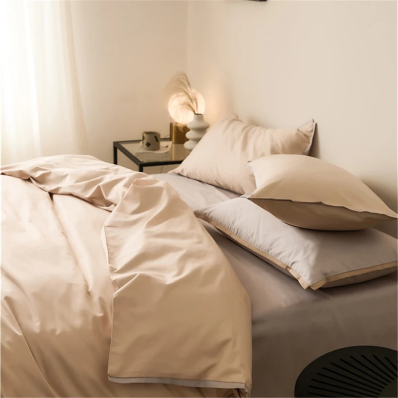 2024 Long-staple Cotton Four-piece Bed Linen Newest Plain Color Reactive Printing Cotton Bedding Simple Nordic Style Khaki Color