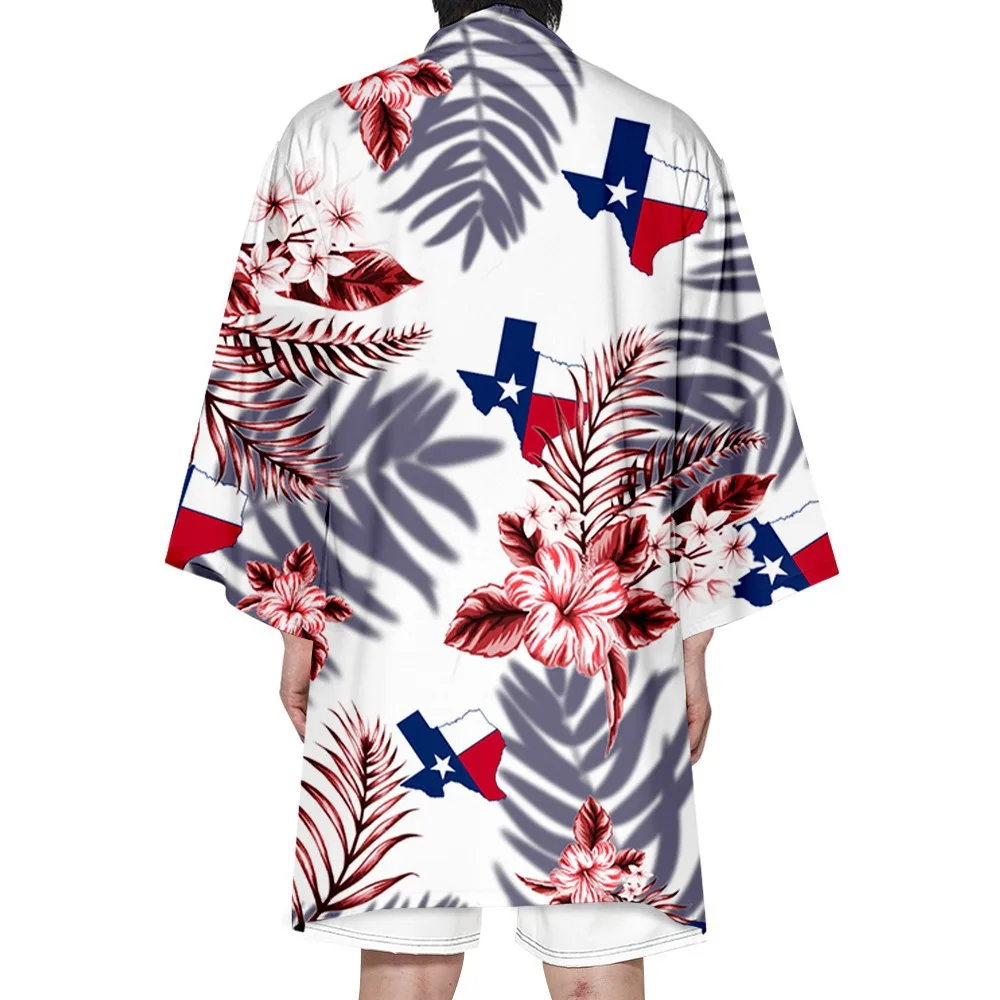 Men\'s Hawaiian Style Japanese Long Kimono Cardigan Summer Floral Puppy Print Casual Cute Haori Asian Traditional Clothing Robe