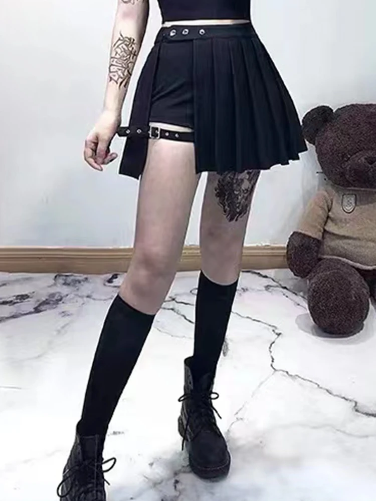 AltGoth Punk Mall Goth spodenki spódnica kobiety Y2k e-girl Streetwear Harajuku nogawka pierścień klamra odpinana wysoka talia Emo Alt Clubwear