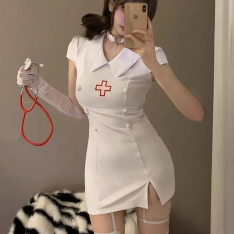 

Women Nurse Uniform Doctor Cosplay Little Devil Costume Sexy White and Black Dress with Accessories Full Set for Adults