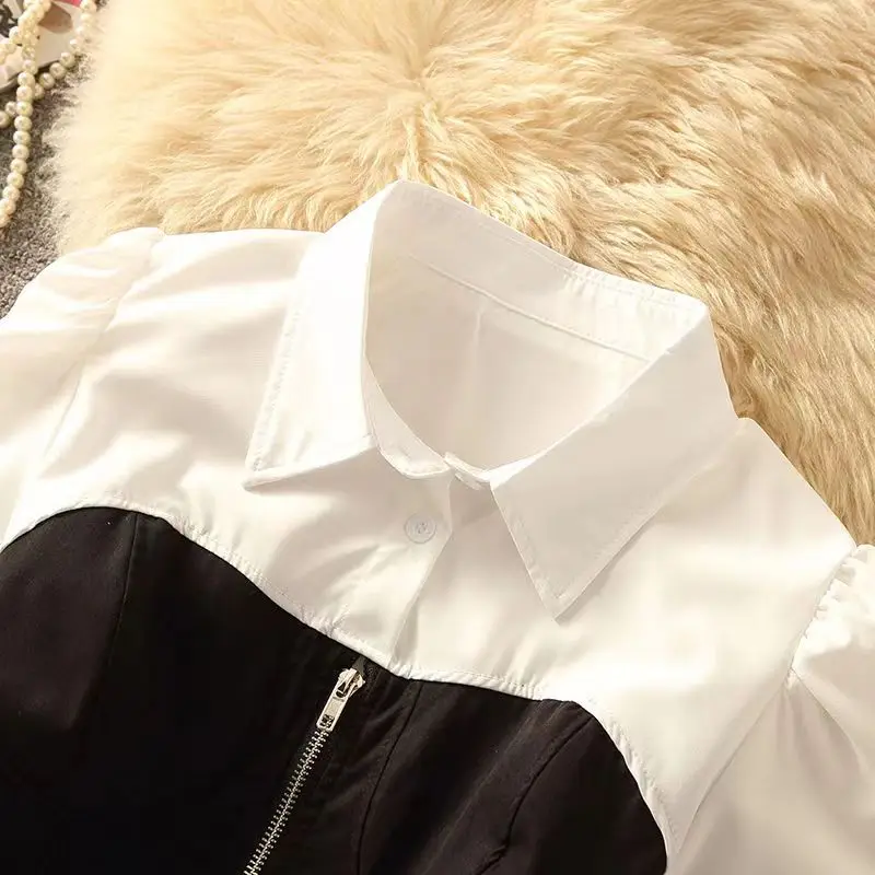 Elegant zipper splicing white shirt for spring and summer, new casual and personalized fake two-piece shirt