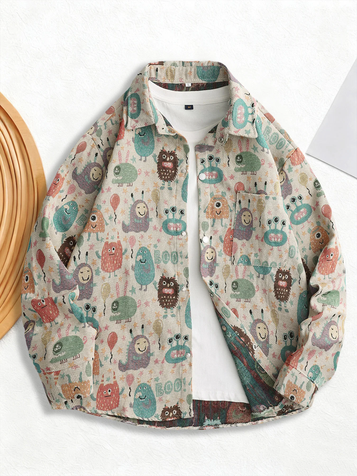 

Fun Cartoon Little Monster Jacquard Turn-Down Collar Niche Fashion Versatile Men's College Style Everyday Commuter Jacket