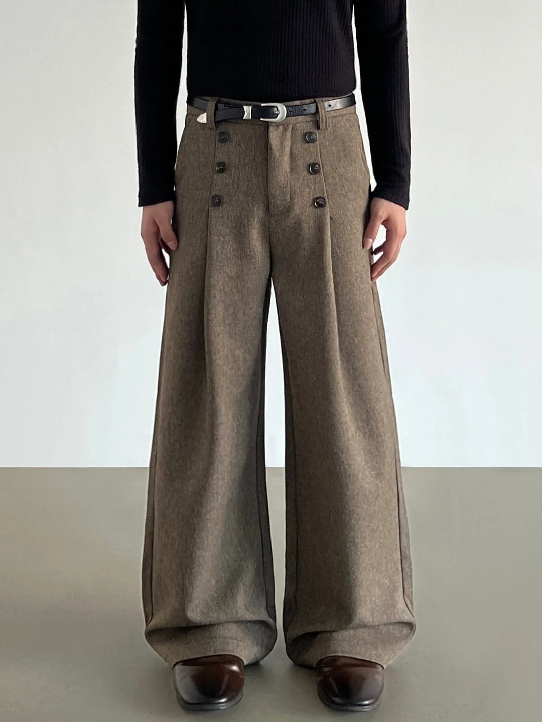 

Мужские брюки в японском ретро-стиле: прямые, широкие, с двойной пуговичной застежкой, повседневные, свободного кроя, А-силуэт, длинные