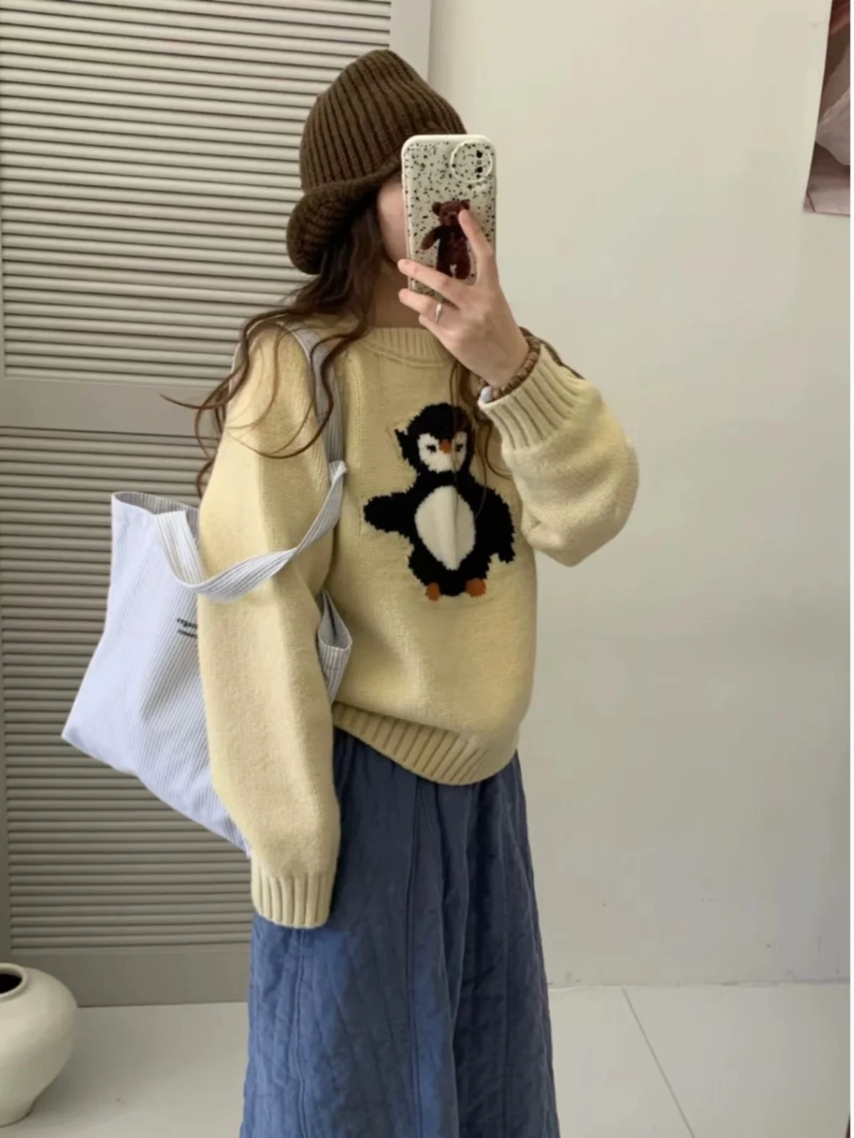 

Large Size Cartoon Penguin Print Overhead Sweater Women's Winter New Sle Versatile Slimming Design round Ne Top
