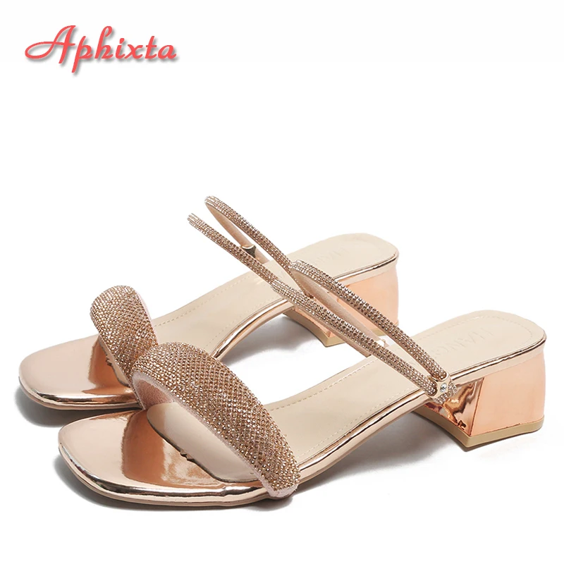 Aphixta 5cm Square Heels Sandals Or Slides Women Mules Design Bling Luxury Crystals Diamonds Slippers Female Shoes