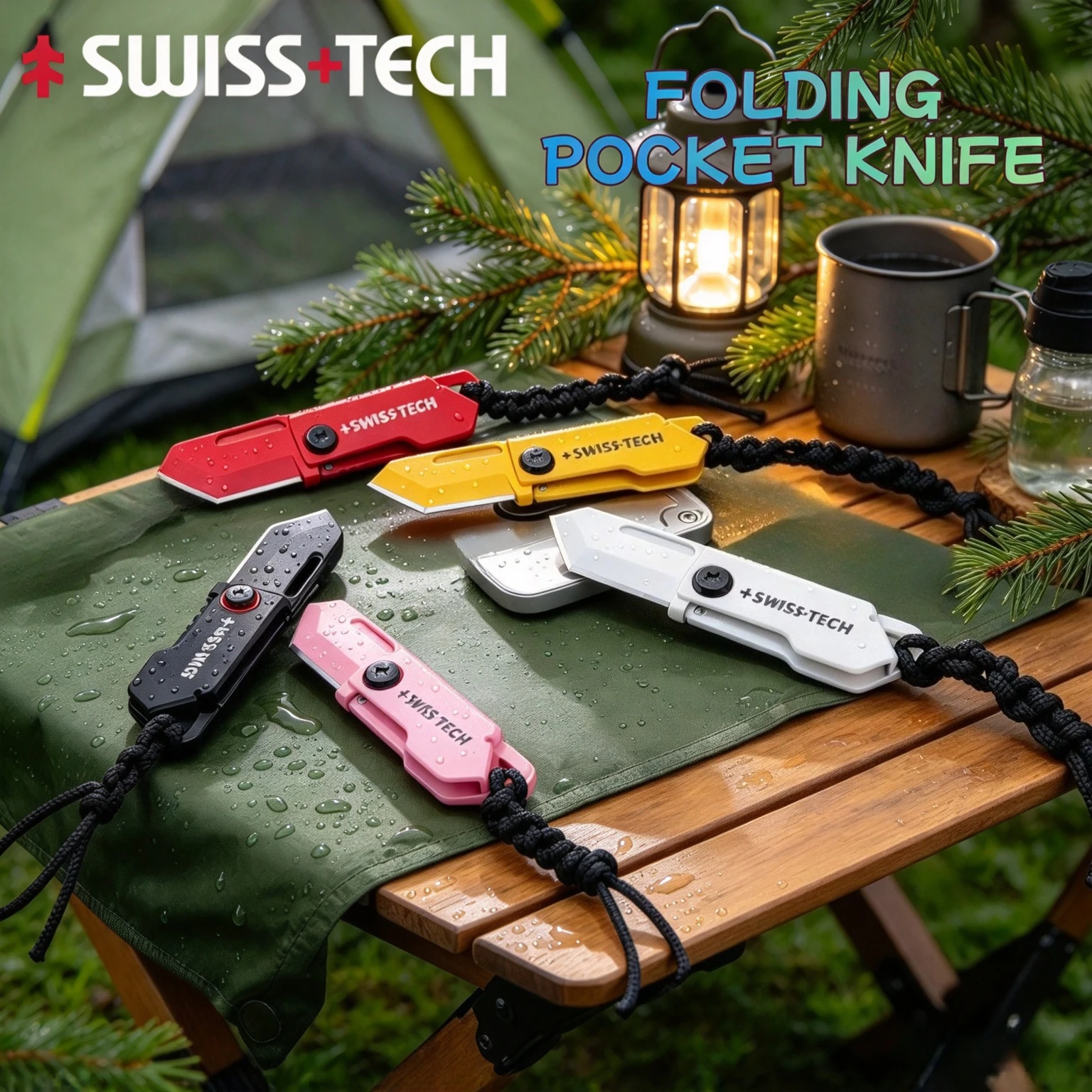 SWISS TECH Mini Pocket Knife Folding Keychain Unpacking Knives Outdoor EDC Knifes Utility Box Cutter with Portable Rope Lanyard