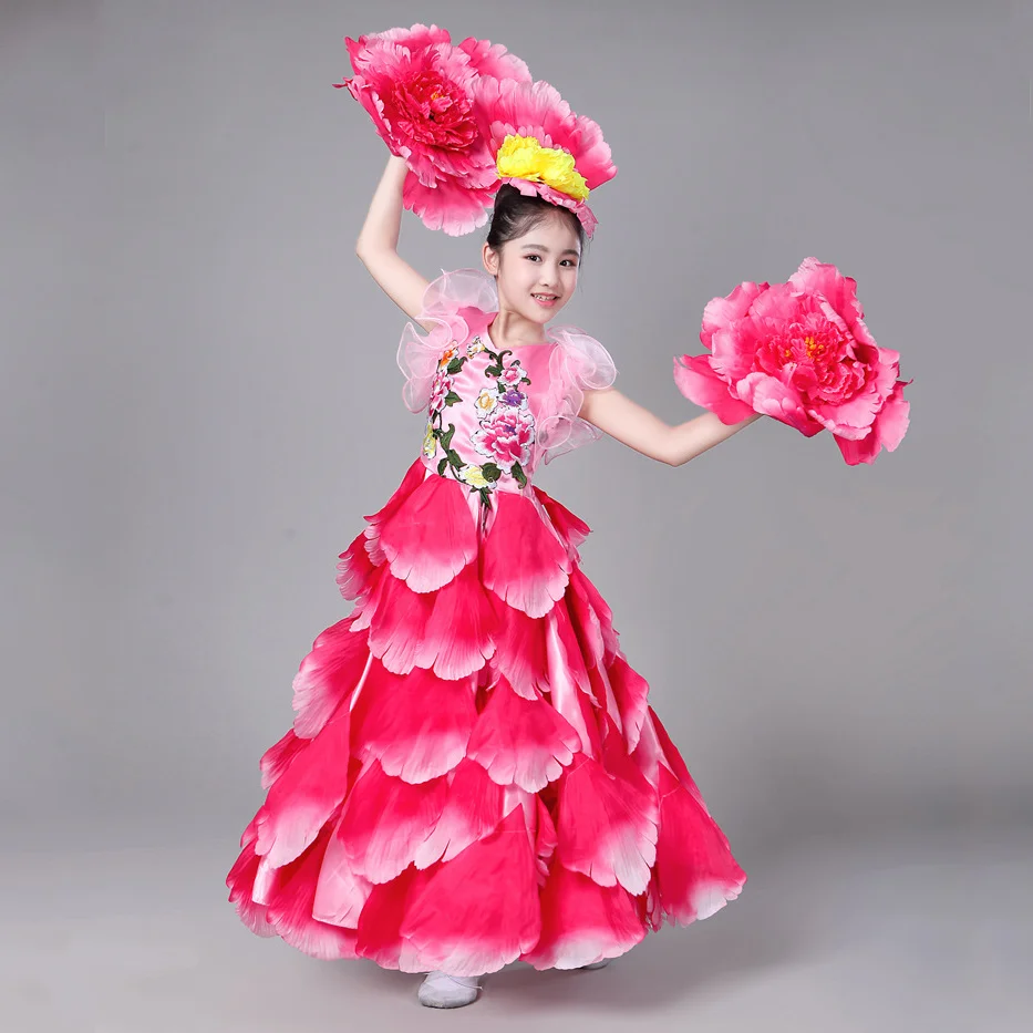 Kid Spanish Dancer Costumes Sexy Flamenco Dancing Dress Outfits Girl Performance Flowers Ballroom Dance Dress 360 Degrees