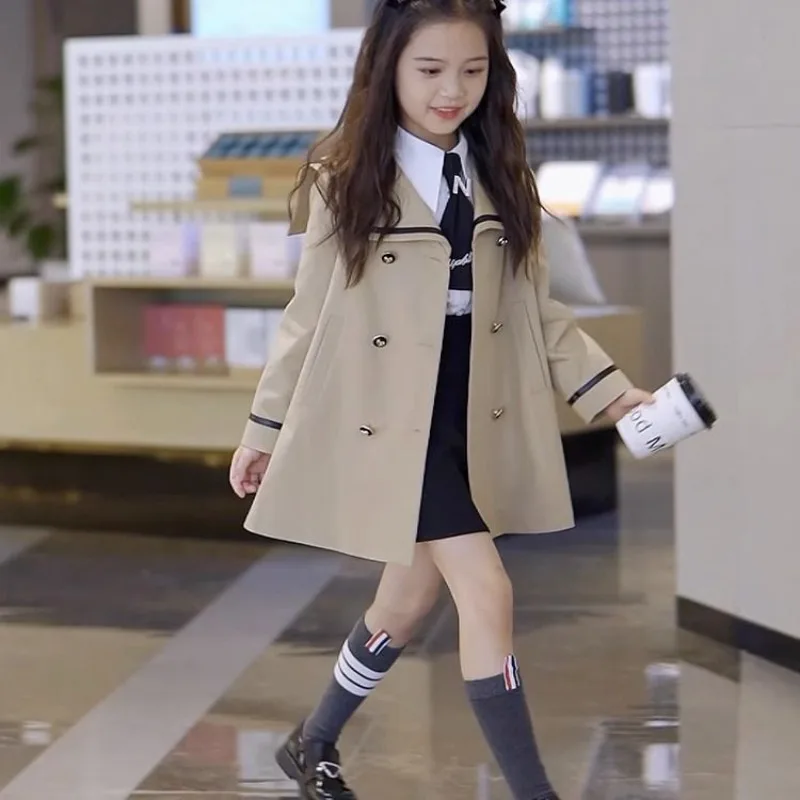 

Girls' Trench Coat Mid Length 2025 Autumn New Style Big Kids Preppy Style Korean Version Stylish and Trendy Top Fashion