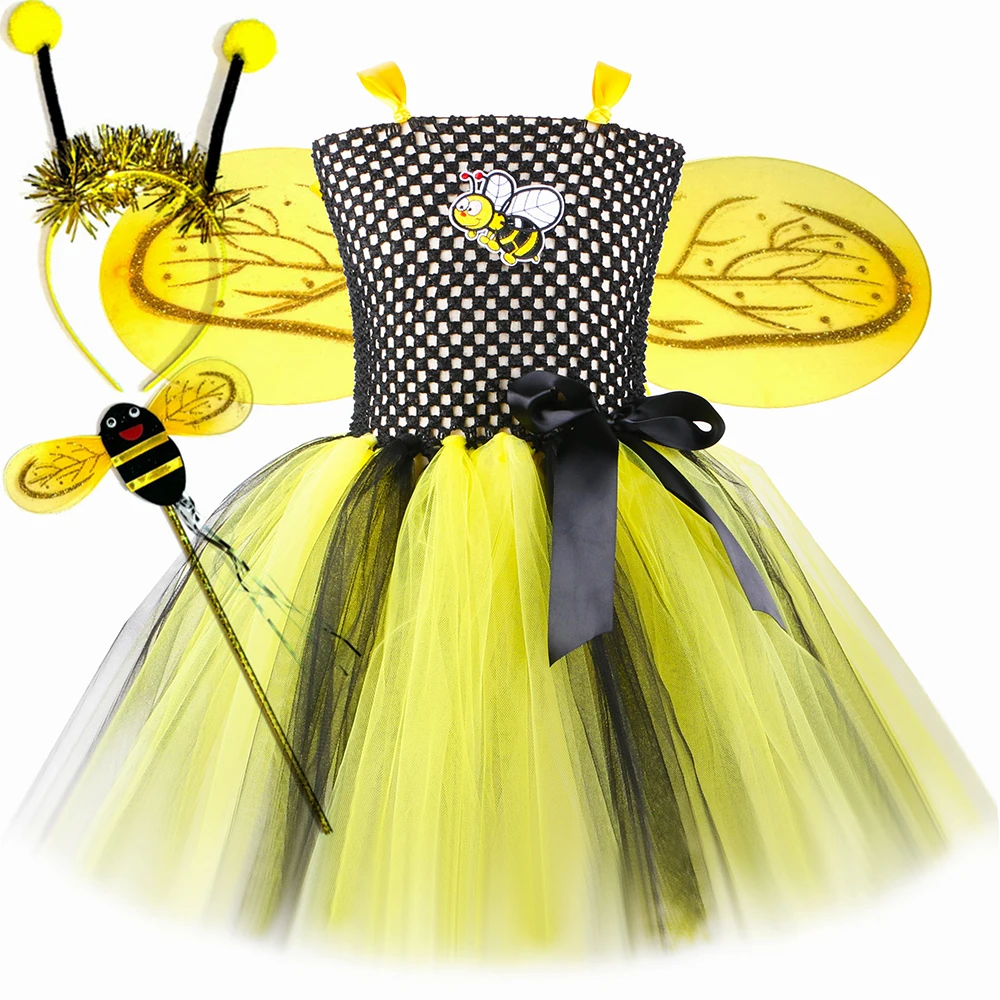 Girls Honey Bee Costume Sleeveless Bumble Bee Tulle Tutu Dress Toddler Kids Halloween Carnival Party Dress Up Clothes Outfits