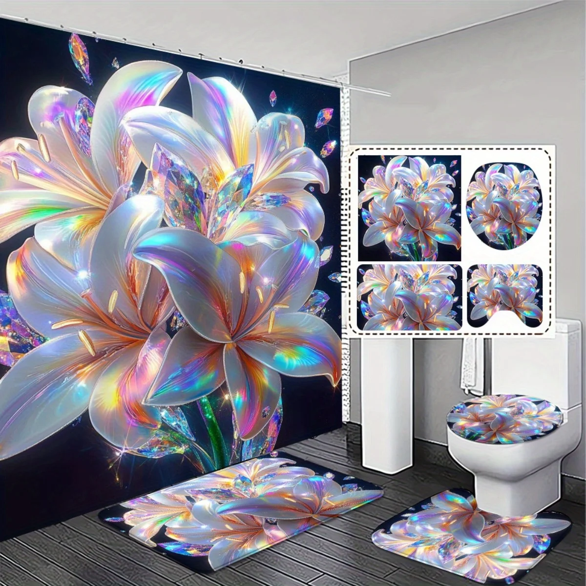

4pcs Fresh and comfortable Vintage Floral High Quality Shower Curtain and Non-Slip Bath Mat Set for Bathroom Decor Exquisit