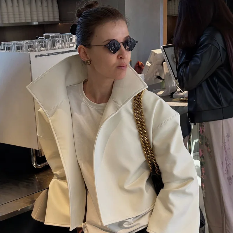 QICHE Women 2026 Autumn Winter Elegant Commuter Solid Stand Collar Loose Drop Shoulder Short PU Leather Jacket Casual Outerwear
