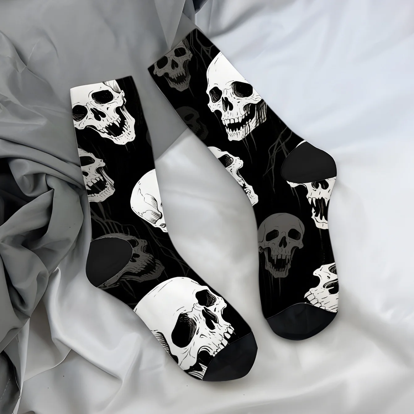 

1 Pair Gothic Halloween Socks Black White Skull Print - Edgy Unisex Crew Socks for Men Women Soft Polyester Casual Party Costume