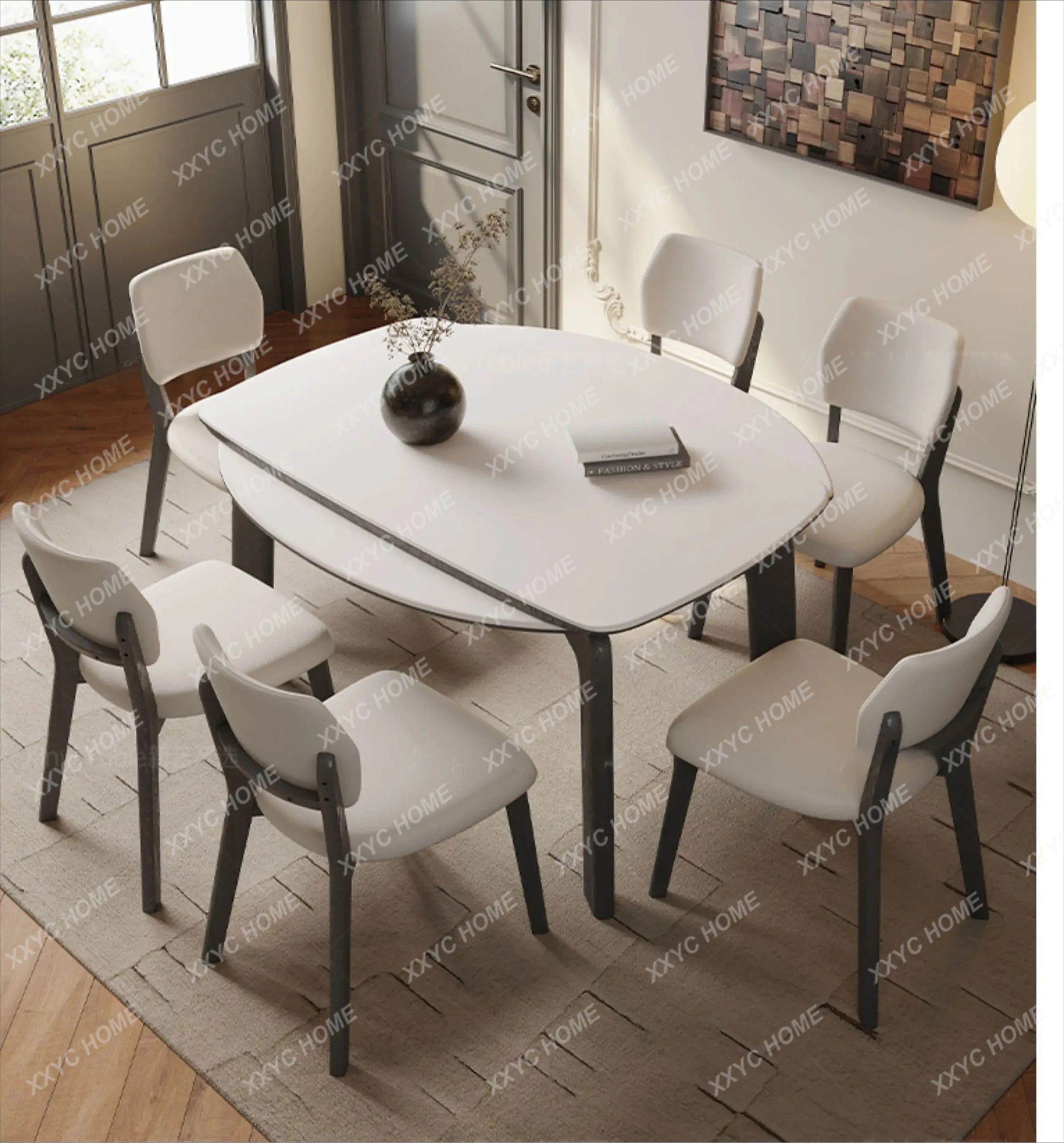 Slate dining table Solid wood elephant legs Retractable modern simple square and round dual-purpose