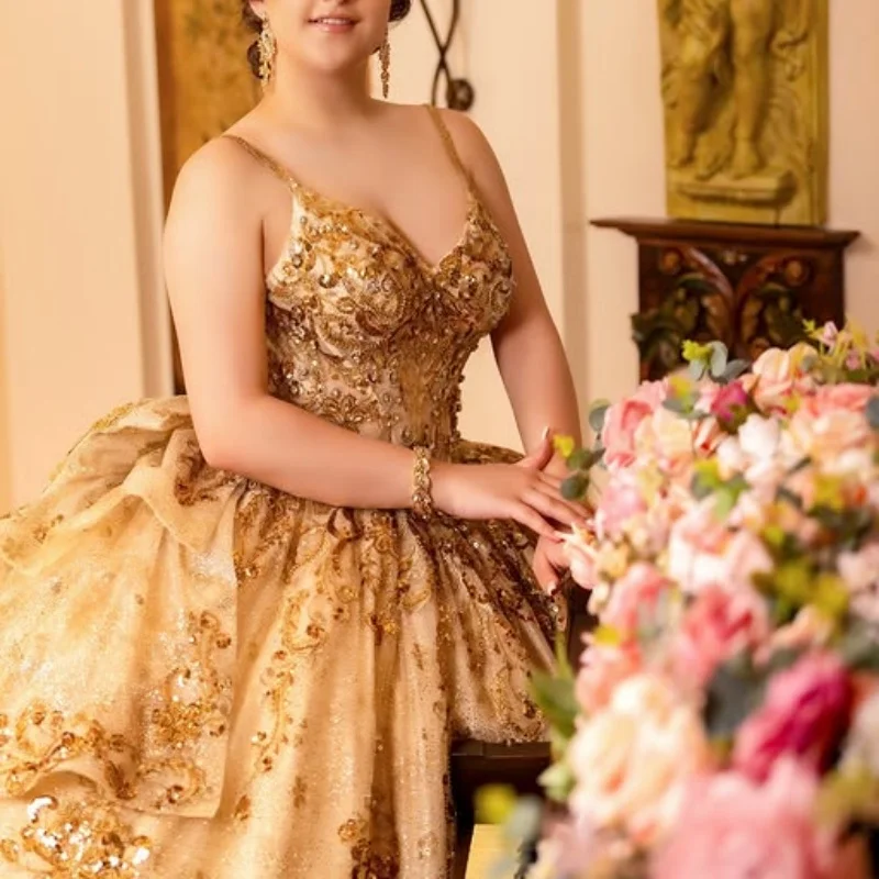 

Shiny Golden Quinceanera Dress crystal glitter flower Decal Long tail layering bead Bow Vestidos De 15 Quinceanera ﻿Customize
