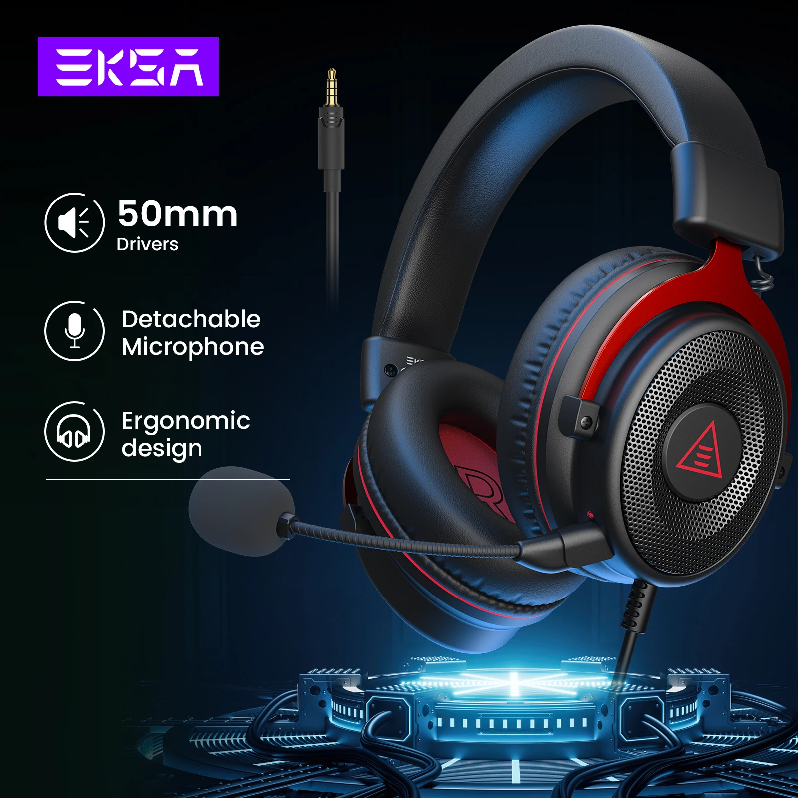 EKSA Gaming Headphones for PC, E900 3.5mm Wired Headset Gamer, Stereo Over-Ear Headphone with Detachable Mic for PS4/PS5/Xbox