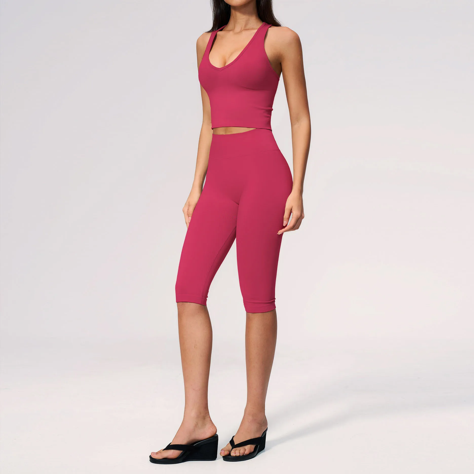 

Women 2 PCS Yoga Outfit Racerback Crop Tops Sports Tank High Waist Scrunch Butt Knee Length Capri Leggings Fitness Activewear