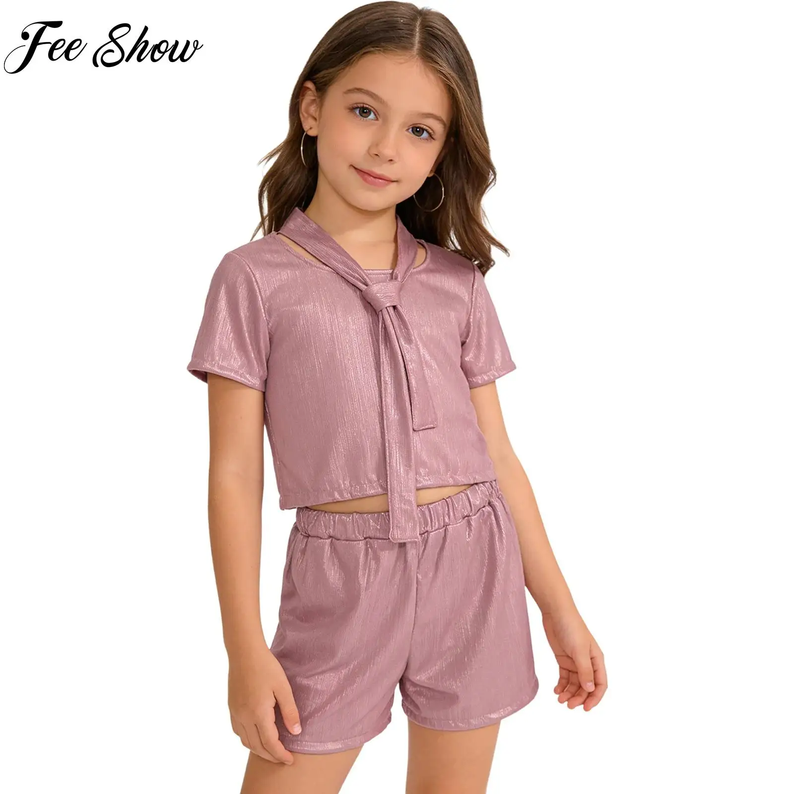 

Kids Boys Girls Jazz Modern Dance Costume Metallic Short-sleeve Necktie T-shirt with Shorts for Hip Hop Cheerleading Performance